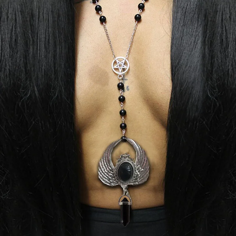 Black Beaded Crescent Necklace Black Rosary with Pentagram and Moon Pendant in Antique Silver, Gothic Necklace, - Image 5