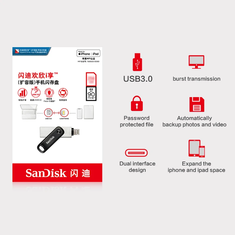 SanDisk USB флэш-накопитель iXPand U диск OTG Lightning Разъем USB3.0 256 ГБ 128 ГБ MFi для iPhone x/8/7/6/и iPad SDIX60N