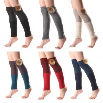 

Women Girls Ribbed Knitted Over Knee Leg Warmer Crochet Color Block Thermal Long Boot Cover Socks with Detachable Pom Pom Ball