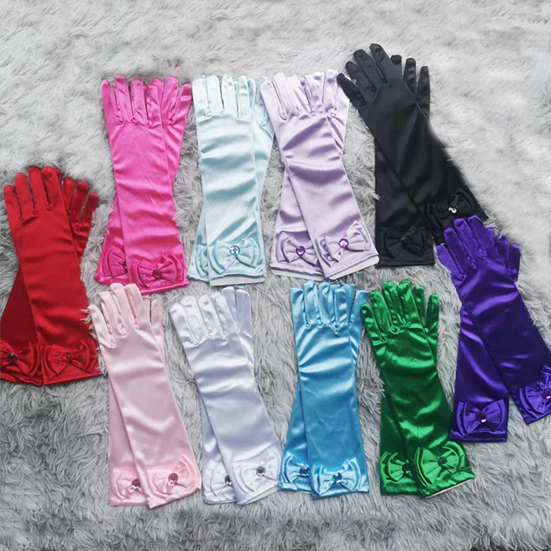 Children Long Gloves Princess Dance Performance Stage Gloves Satin Sequins Bow Glove Solid Full Finger Mittens Birthday Gifts mens touch screen gloves