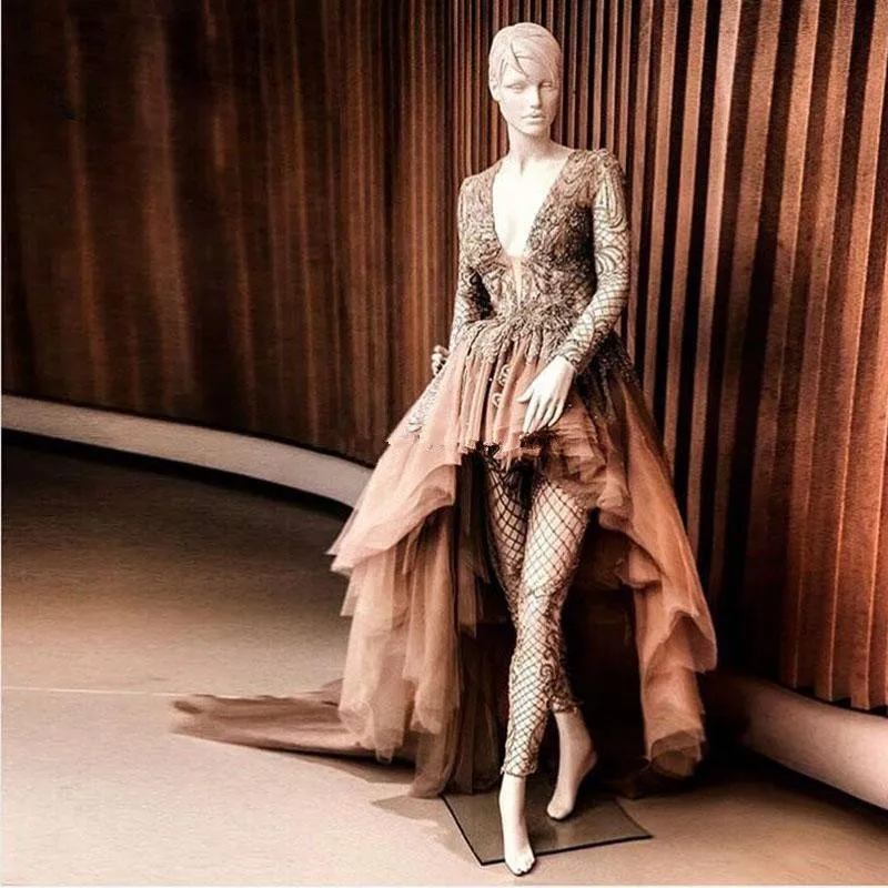 Дизайнерские комбинезоны, платья на выпускной, Robe de soiree, высоко-низко, саудовская арабское, с длинными рукавами, кружевное, с бусинами, вечернее платье, праздничная одежда