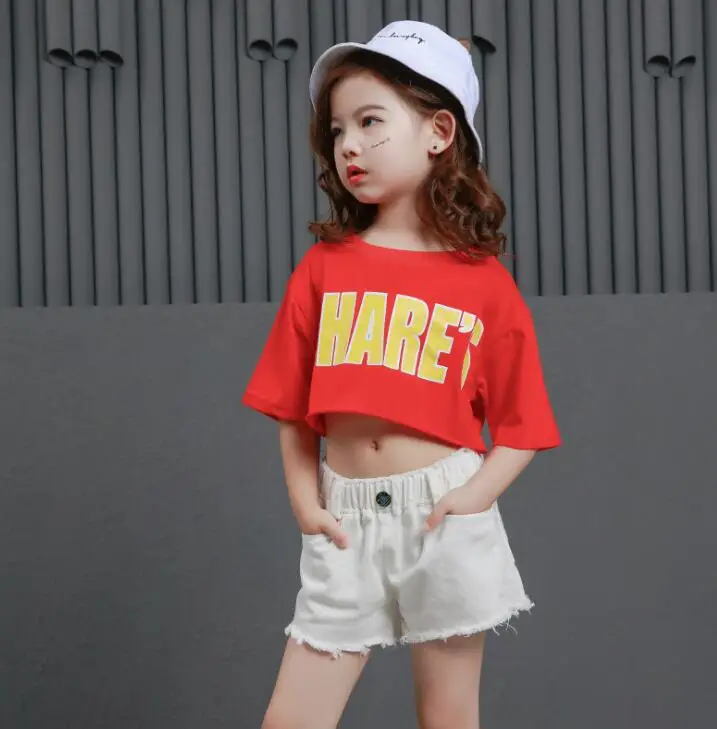 2 pieces set Детские костюмы для джазовых танцев; укороченные футболки для девочек; шорты с высокой талией; бальная одежда для хип-хопа; сценический комплект для танцев - Цвет: 2 pieces set