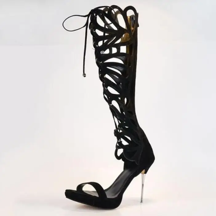 Сандалии-гладиаторы; ботинки бежевый чёрная женская обувь из PU искусственной замши с вырезами на каблуке-стилете сапоги до колена Для женщин на шнуровке, на платформе; обувь для торжеств