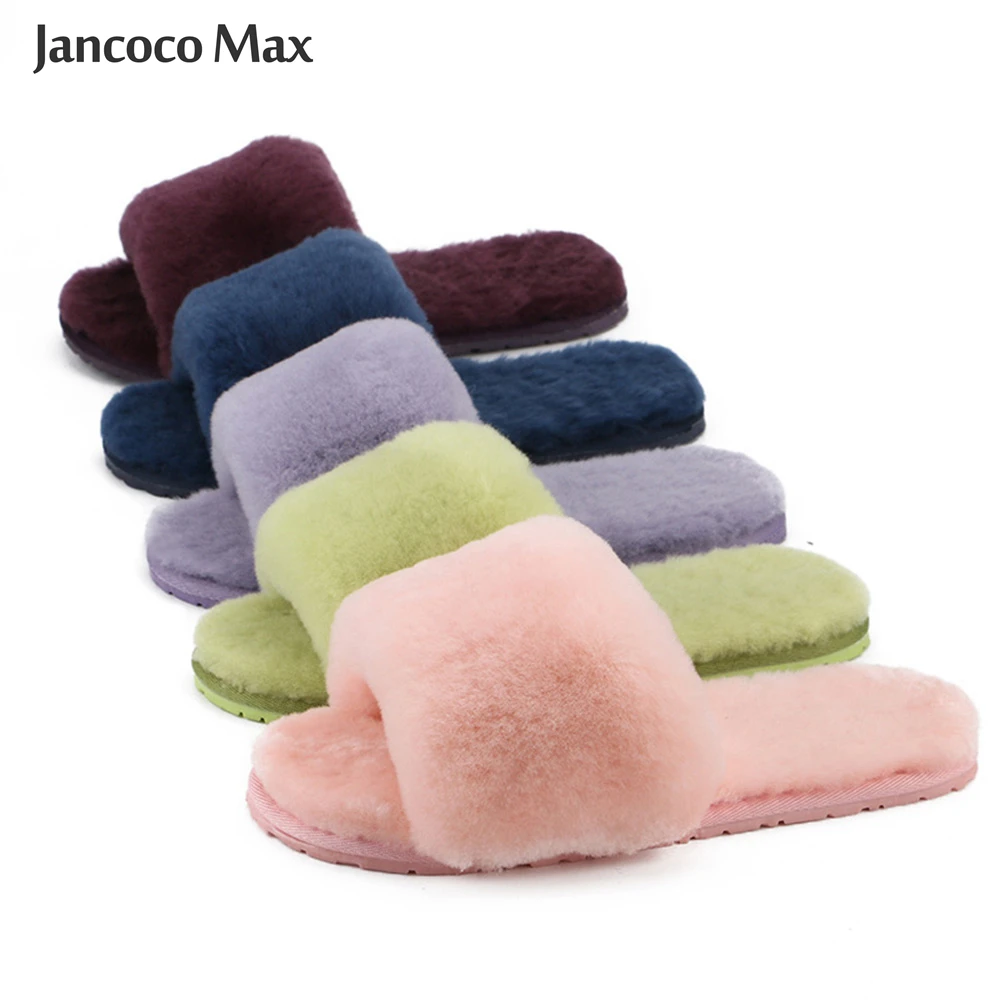 Women Slippers Warm Slippers Winter Warm Slides Sheepskin Sliders Women's Real Wool Fur Slippers Home Indoor Winter Shoes S6038