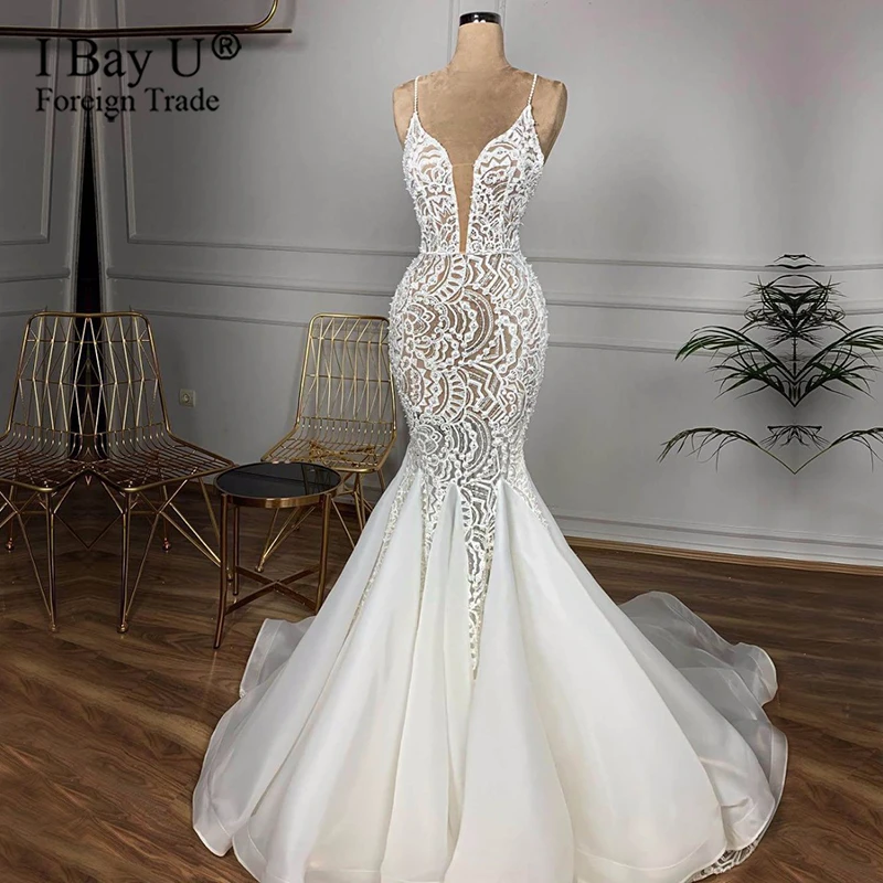 Plus Size Beaded Lace Mermaid Wedding Dress 2020 Sexy V Neck Backless Ruffles Train Wedding Gowns Vestido De Noiva Free Veil Wedding Dresses Aliexpress plus size beaded lace mermaid wedding dress 2020 sexy v neck backless ruffles train wedding gowns vestido de noiva free veil