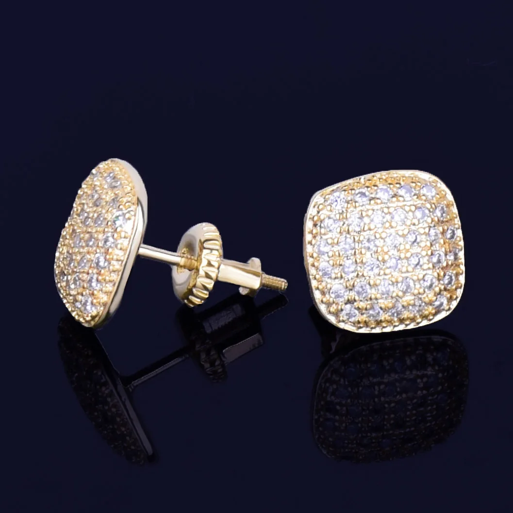 10MM Square Men Women Stud Earring Gold Color Full Cubic Zircon Screw Back Earrings Hip Hop Jewelry for Gift 4