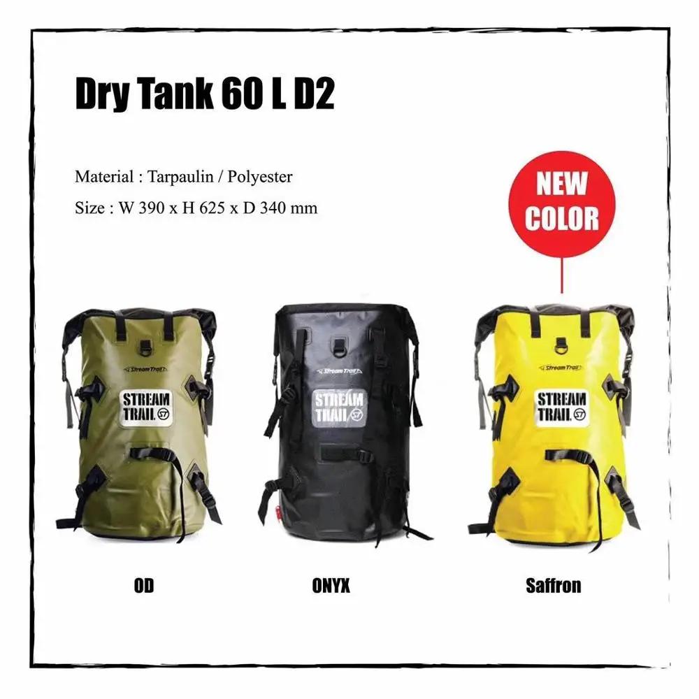 Stream Trail Waterproof Outdoor Drytank 60L D2 Backpack Dry Bag Water Resistant Daypack Heavy Duty Roll-Top Closure Padded Back