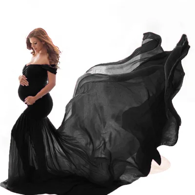 Реквизит для беременных; Одежда для беременных из хлопка и шифона; платье для беременных с открытыми плечами и длинным шлейфом; Одежда для беременных - Цвет: black