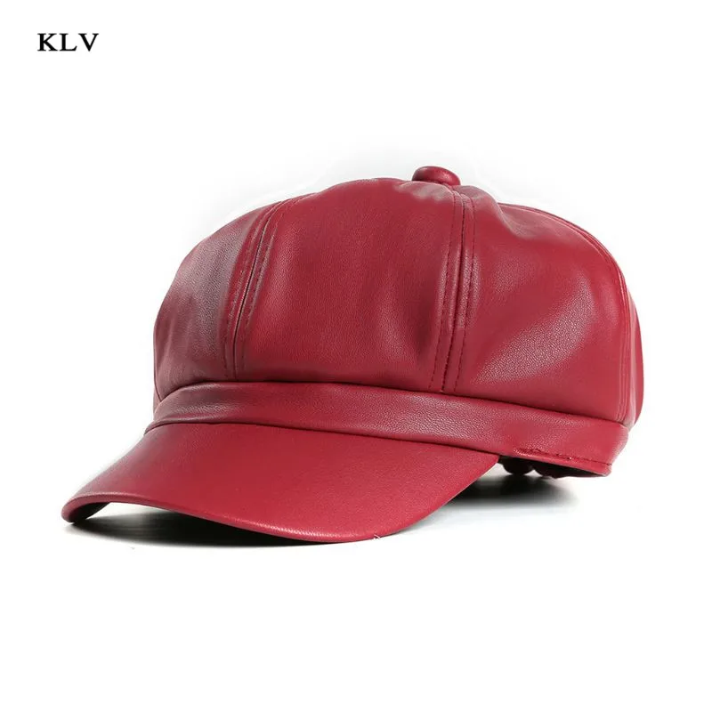 Wine Red Для женщин и мужчин из искусственной кожи Newsboy шапки блеск сплошной цвет Винтаж Лондонский стиль таксиста художника восьмиугольный плюща берет с козырьком кепки - Цвет: Wine Red