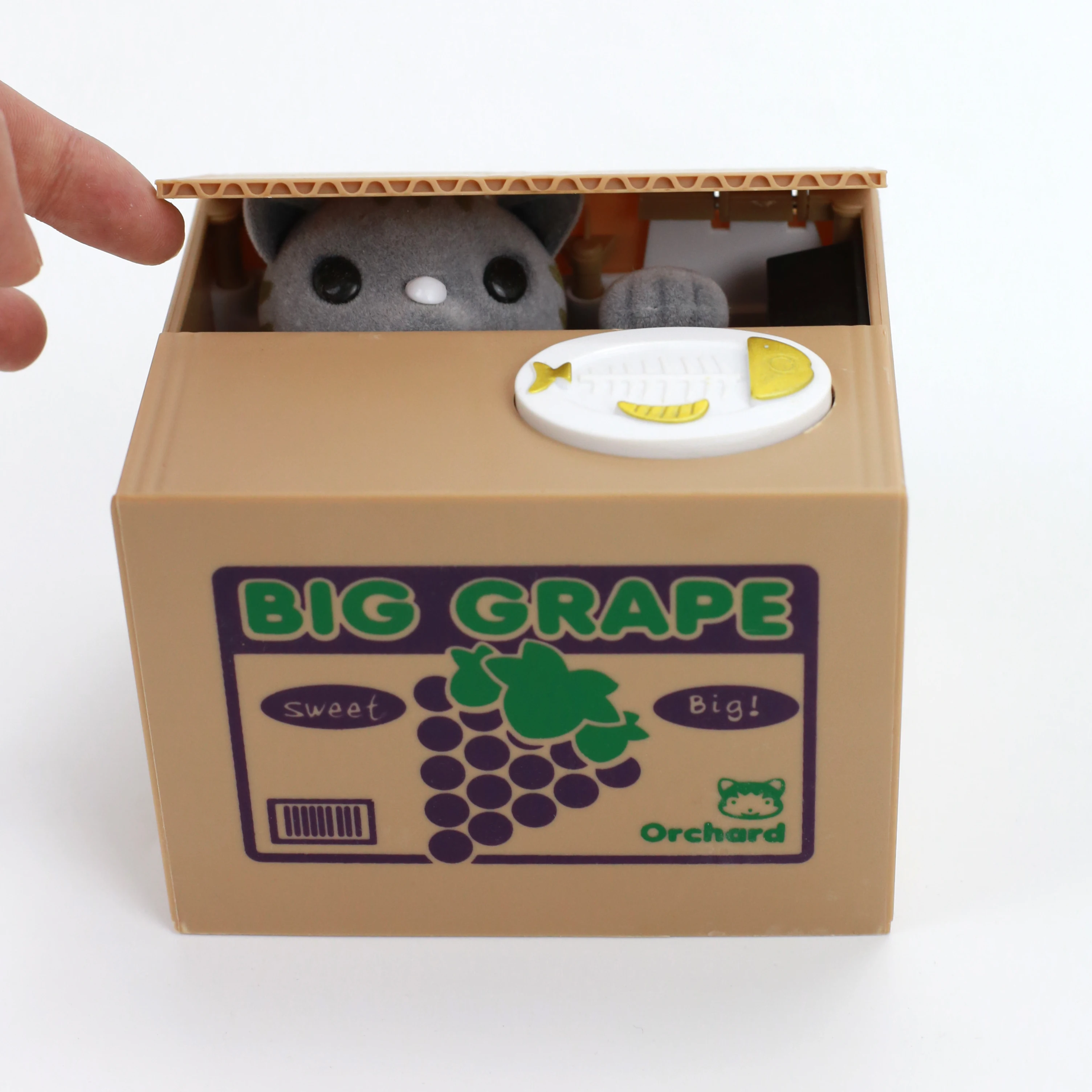 Кошка, поросенок банка-милый короткошерстных серый Kitty выходит из винограда коробки и перехвата монеты, такие как магия-веселые копилка для детей