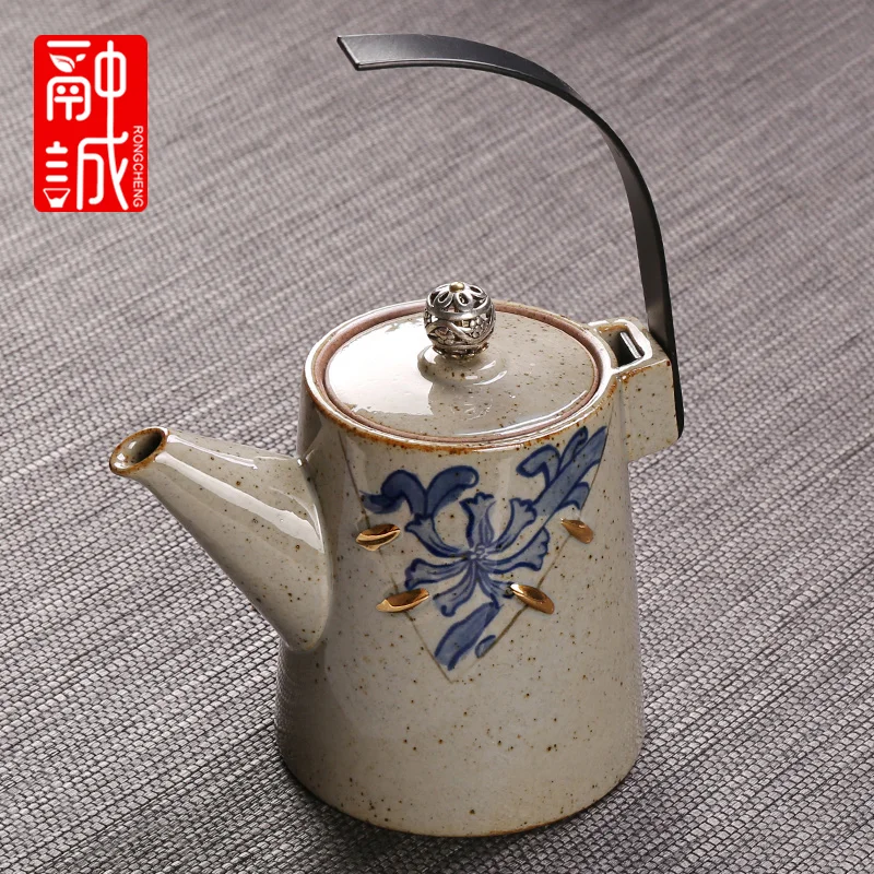Antique teapot girders pot ceramic retro tea maker household copper single pot tea kettle Japanese Kung Fu tea set - Цвет: Orange