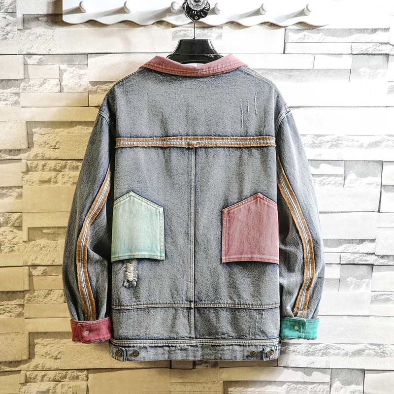

Men's Casual Bomber Jacket Men Contrast Color Washed Retro Denim Jackets Big Pockets red collar Fashion Autumn Winter Homme