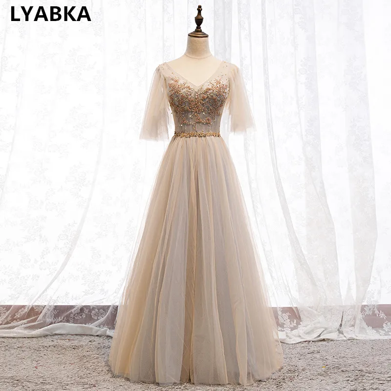 Vestidos De Gala, ТРАПЕЦИЕВИДНОЕ ПЛАТЬЕ цвета шампанского для выпускного вечера, длинное платье, кружевное с аппликацией из бусин, платье для выпускного вечера с рукавом средней длины и v-образным вырезом