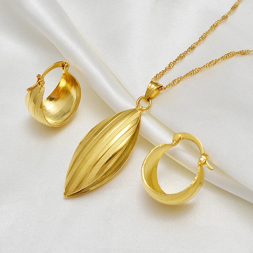 Anniyo Ethiopian Bridal Jewelry Set Gold Color Pendant Necklace Earrings African Arab Sets #054806