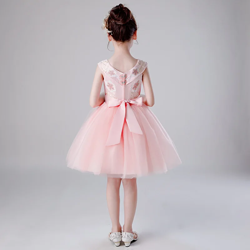 Skyyue Flower Girl Dress for Wedding Pink Lace Flower Embroidery Tulle Communion Gown V-Neck Kids Party Dresses DK1718