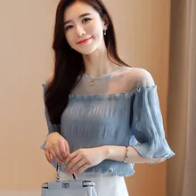 Korean Chiffon Blouses Women Mesh Blouse Tops Plus Size Woman Solid Blouses Blusas Femininas Elegante Camisas Mujer Women Tops
