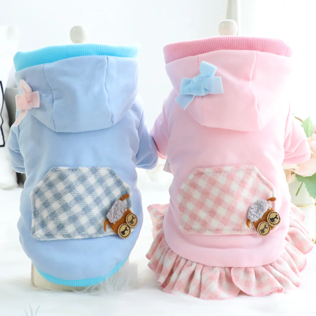 Осенняя одежда для собак вязаная юбка из ягненка пальто в клетку толстовки