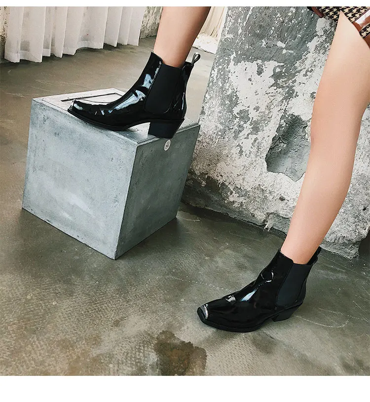 Buono Scarpe/женские ботинки «Челси»; ботильоны из натуральной кожи; короткие ботинки с квадратным металлическим носком; botas Mujer; ботинки на массивном каблуке с эластичной лентой