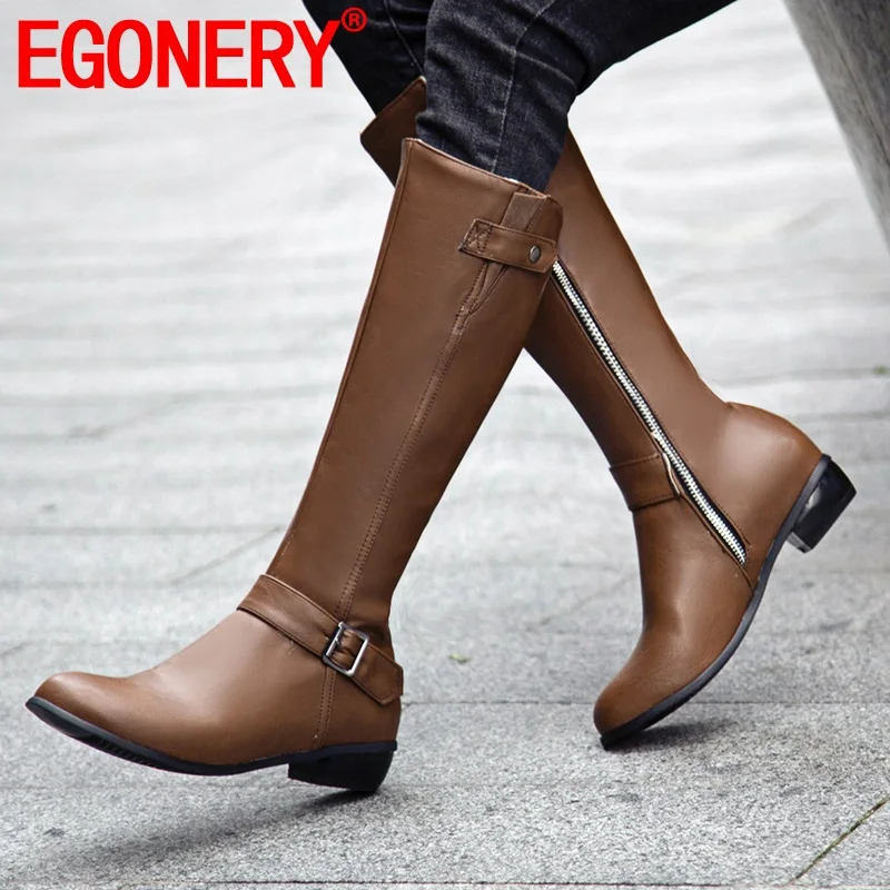 

EGONERY fashion pu leather Knee High boots zipper low heels women's shoes warm winter autumn woman brown gray black riding boots