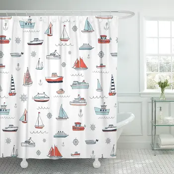 

Nautical Water Transport Pattern Boy Child Baby River Boat Bathroom Curtain Waterproof Polyester Fabric 72 x 78 inches Set