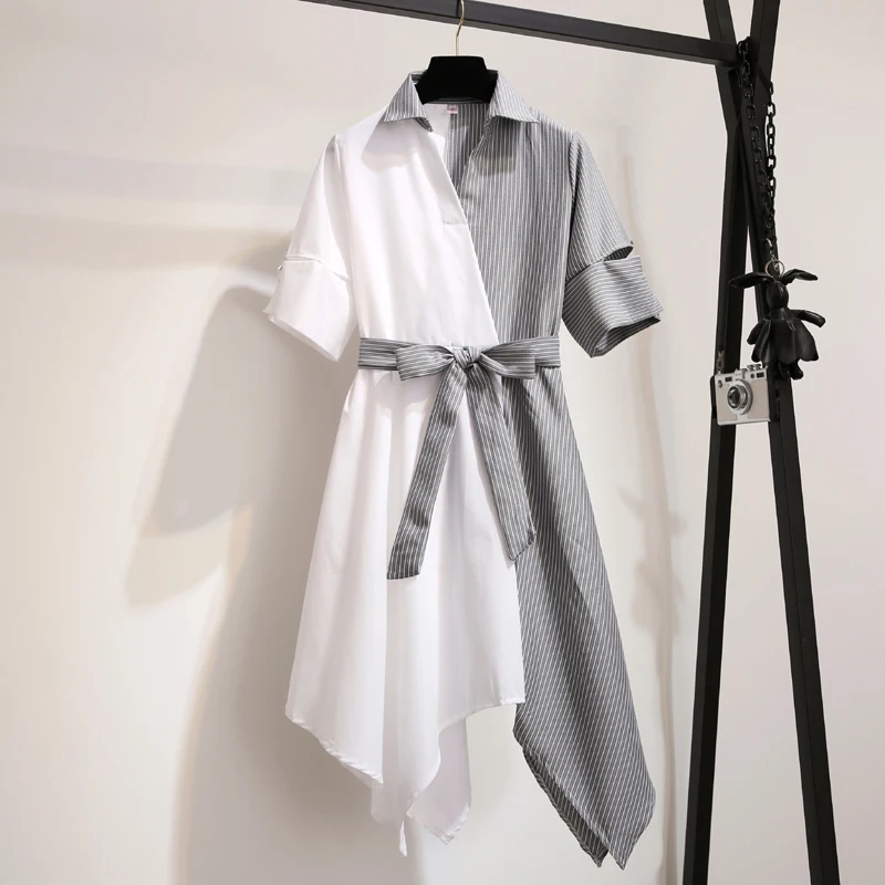

SexeMara 2019 Summer New Turn-down Collar Stripe Stitching Short Sleeve Irregular Hem Sashes Ladies Fashion Shirt Dress CDS026