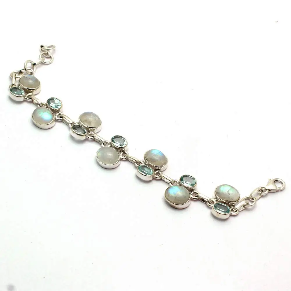 

Genuine Blue Fire Moonstone + Blue Topaz Bracelet 925 Sterling Silver, 18.5 cm, 2SBR0079