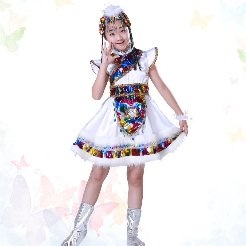 Children National Minority Nation Costume CHILDREN'S Performance Wear Tibetan Clothes Tibetan Dance Costume Long White Silk Slee