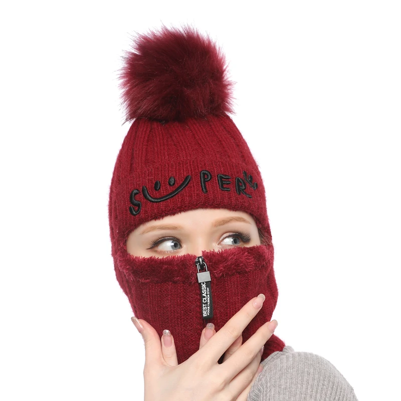 Теплая вязаная шапка, шарф, шапка, маска, зимние шапки для женщин Skullies Beanies, Теплая Флисовая шапка