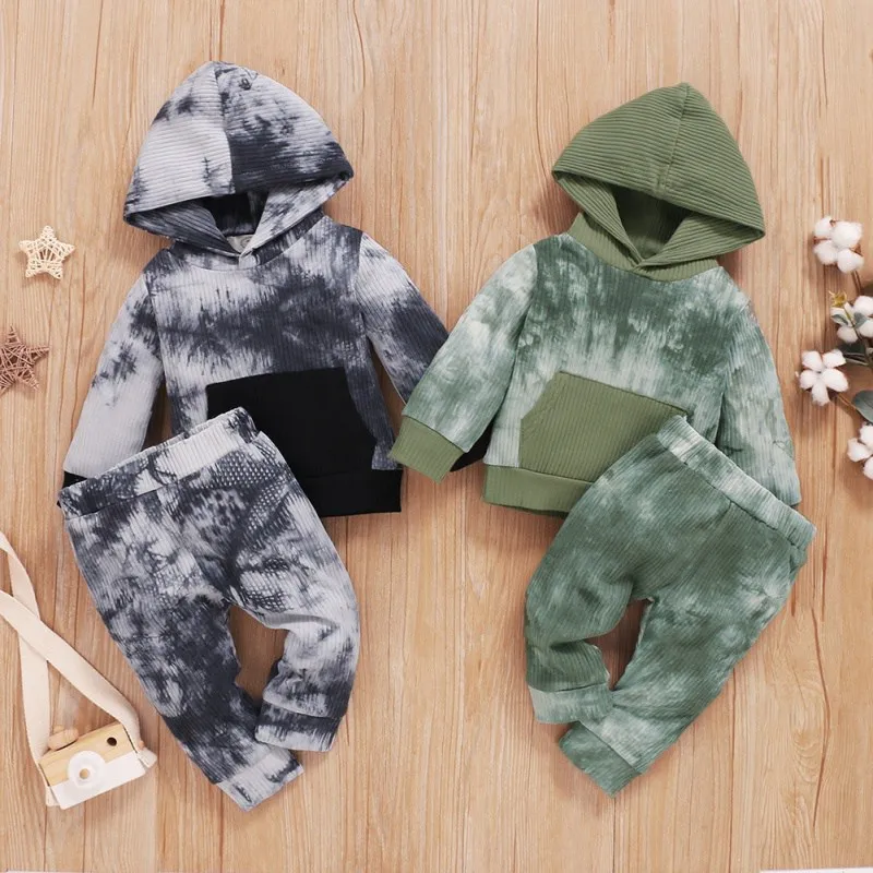 Hot Sales 0-24M Autumn Winter Kids Boys Tie-Dye Clothes Sets Hooded Long Sleeve Pullover Pocket Tops Pants Costume Set |