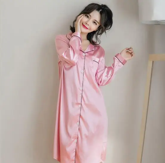 Beste Nieuwe Zijde Nachthemden Vrouwen Lange Mouw Lente Zomer Jurk Nachthemd Vrouwelijke Nachtkleding Nachthemd Losse Sexy Nacht Shirts S 3XL