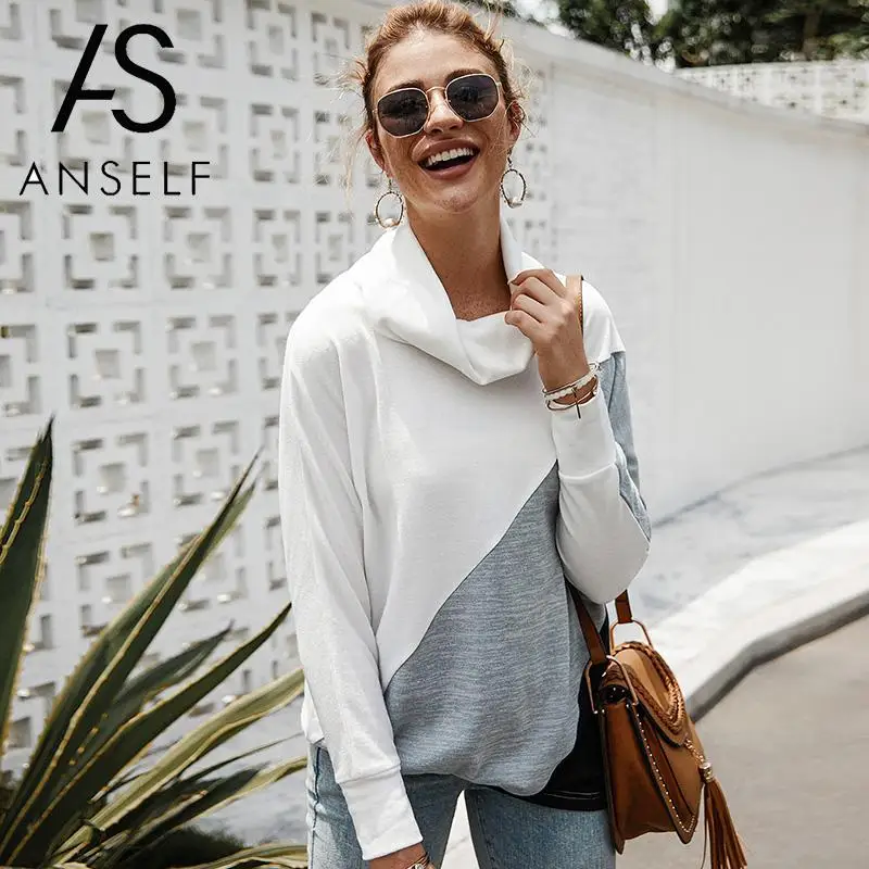Women T-shirt Turtleneck Long Sleeve tshirt Color Block Splicing Loose Fashion Tunic Autumn T Shirts Casual Top Female