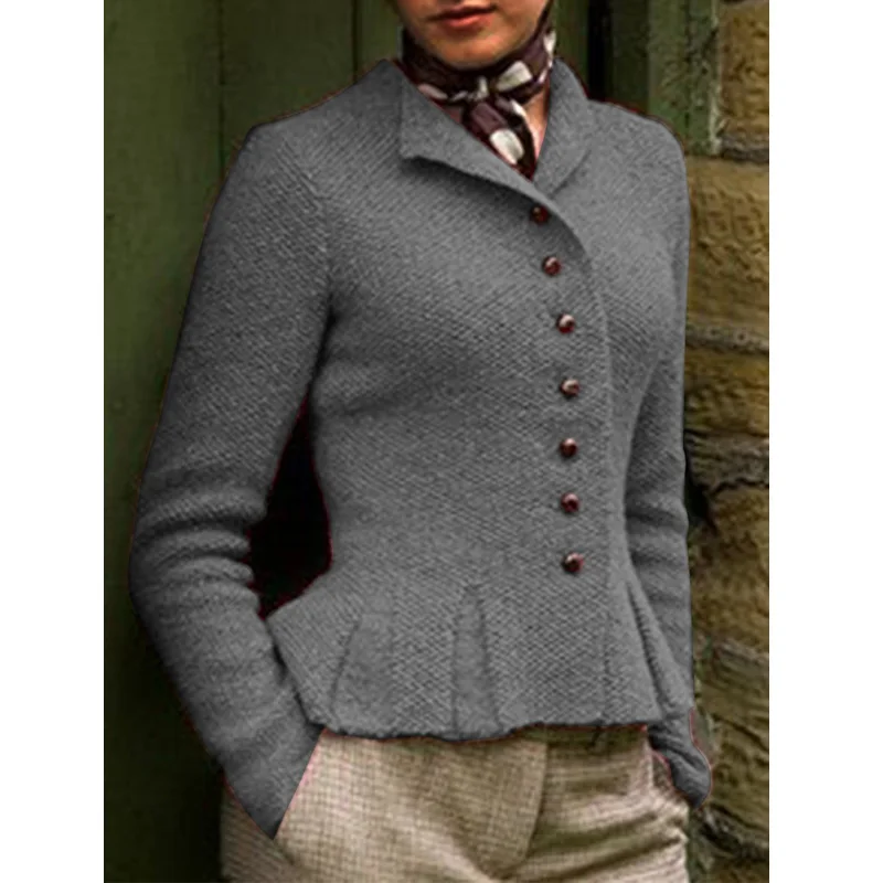 

Vintage Women Turn-Down Collar Short Jacket Coat 2019 Autumn Winter Single Breasted Suit Female Cotton blend Slim Outwear