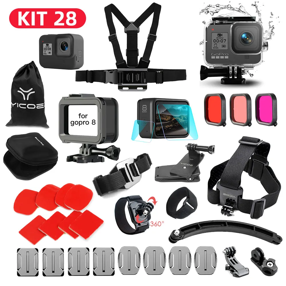 Gopro Аксессуары Набор для go pro hero 8 черный защитный чехол с закаленным стеклом водонепроницаемый чехол штатив для экшн-камеры аксессуар - Цвет: KIT28hero805