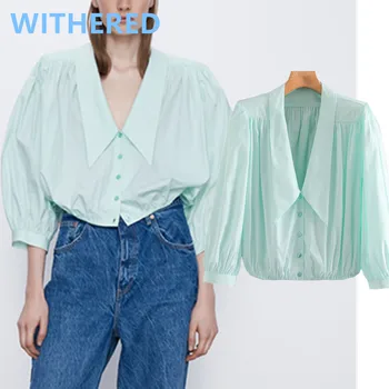 

Withered england vintage puff sleeve loose notched spring short blouse women blusas mujer de moda 2020 kimono shirt womens tops