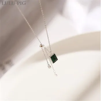 

LULU-PIG Hot 925 sterling silver square green crystal necklace Korean temperament retro simple necklace 9M-21