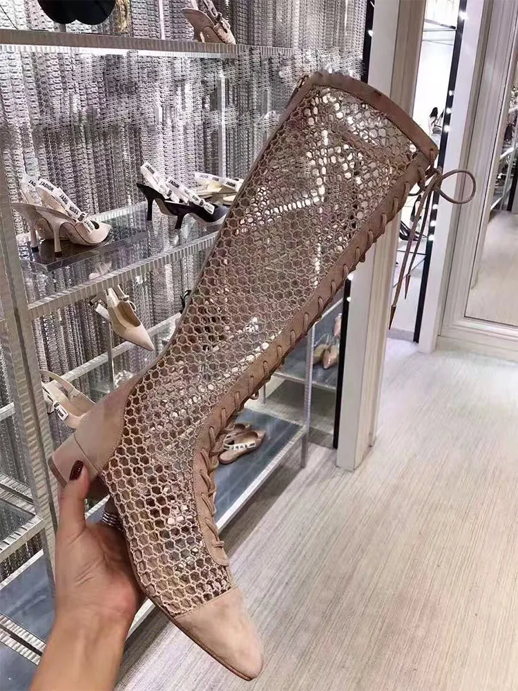 

In the summer of 2020, the new grid hollowed-out knee boots with thick heel and square head back zipper Rome cool boots women