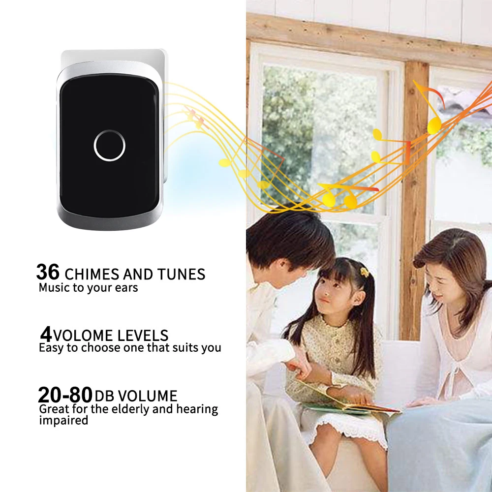 Battery Free Door Bell Wireless for Home,Rainbow Flash Indicator Wireless  Door Bell with 4 Level Volume & Memeory Function,IP44 Waterproof 