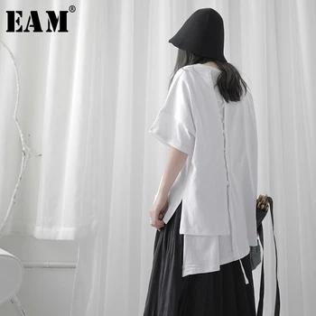 

[EAM] Women White Bandage Asymmetrical Big Size T-shirt New Round Neck Short Sleeve Fashion Tide Spring Summer 2020 1T117