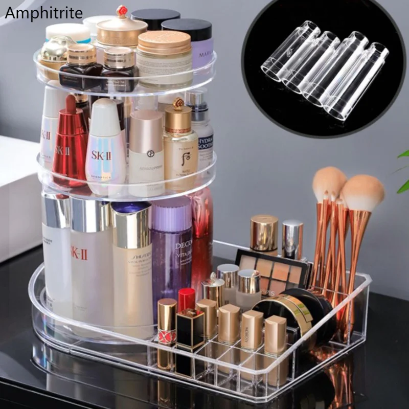 

Transparent Cosmetic Storage Box Make Up Organizer 3 Layer Lipstick Storage Rack Make Up Brush 360 Grade Rotation Plastic Box
