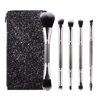 

5 Pcs/Set Double Head Makeup Brushes With Sequins Portable Bag Powder Foundation Eyeshadow Lip Eyebrow Professional Beauty Brush