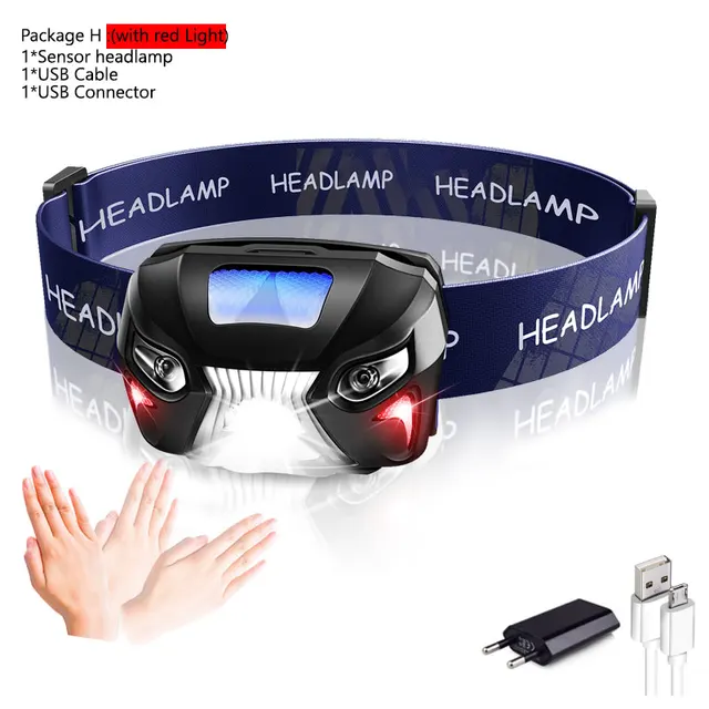Powerfull Headlamp USB Rechargeable LED Headlight Body Motion Sensor Head Flashlight Built in lithium battery Torch Light Lamp F