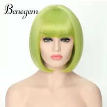Benegem женские парики зеленый боб парик с челкой короткие прямые косплей синтетические парики некружевной костюм