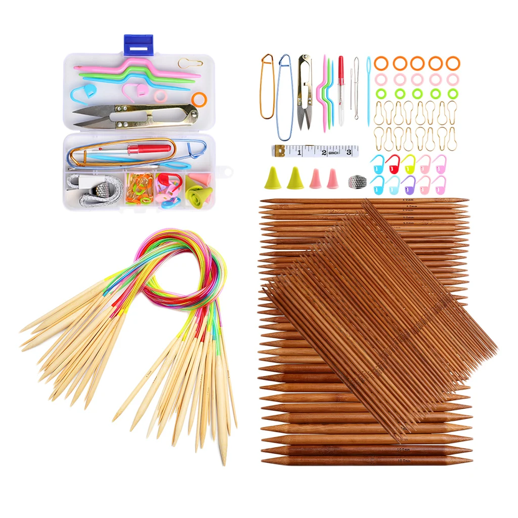 Knitting Needles Set Bamboo Circular Knitting Needles with Colored Tube Double Pointed Bamboo Knitting Needles 2.0 mm-10.0 mm