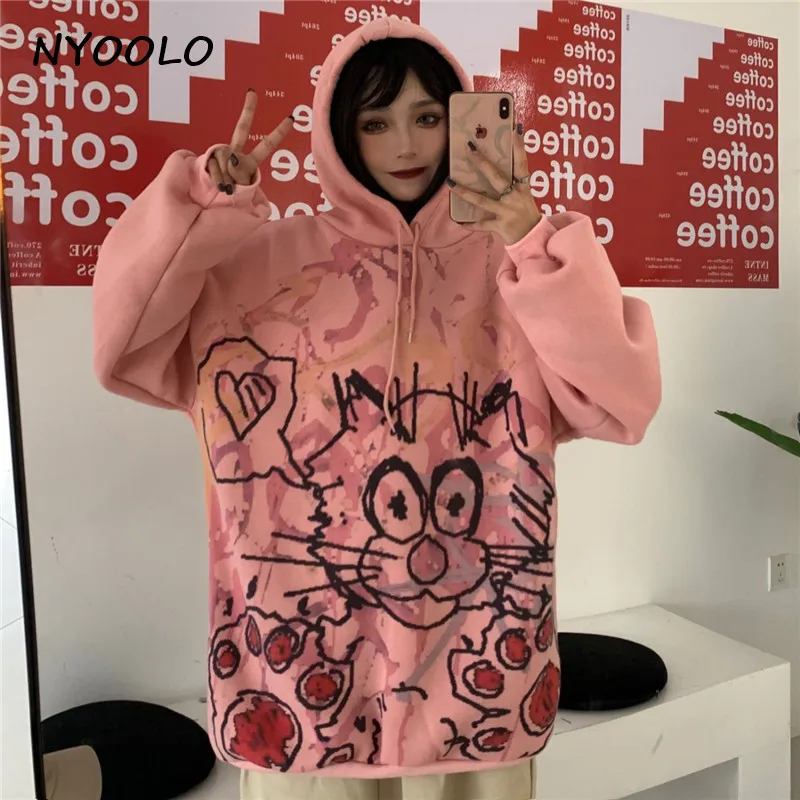 NYOOLO Harajuku уличная кошка принт плюс бархат теплые толстовки осень зима свободный длинный рукав с капюшоном пуловер Толстовка женские топы