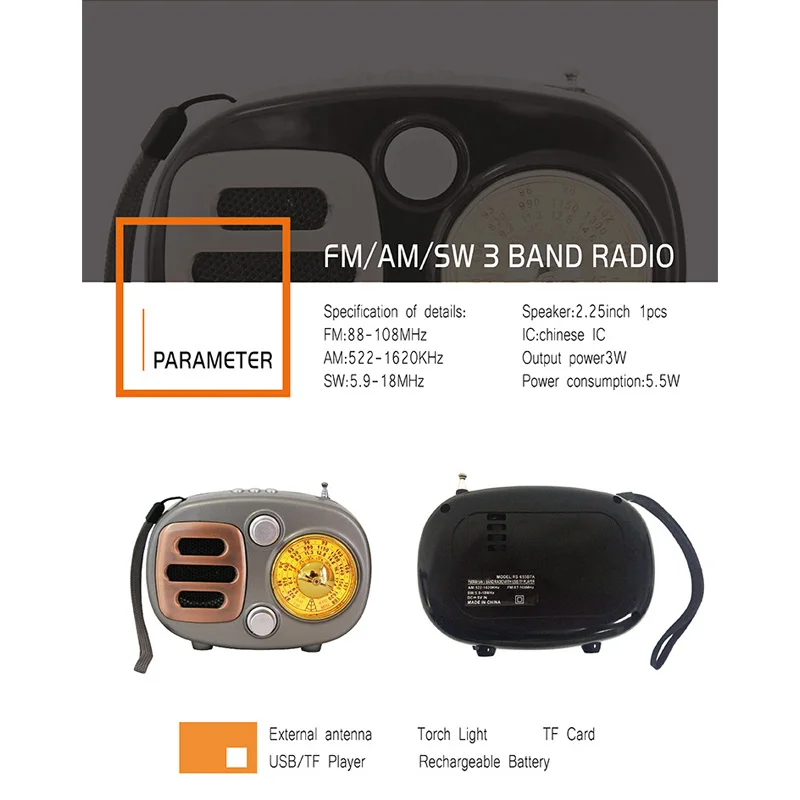 Ретро Радио Bluetooth динамик портативный AM FM коротковолновой радио с перезаряжаемой батареей Поддержка USB MP3 плеер и TF карта