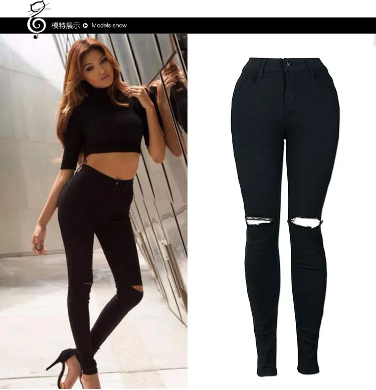 EBay AliExpress Wish, европейский и американский стиль,, обтягивающие эластичные ковбойские брюки до колена с высокой талией и дырками