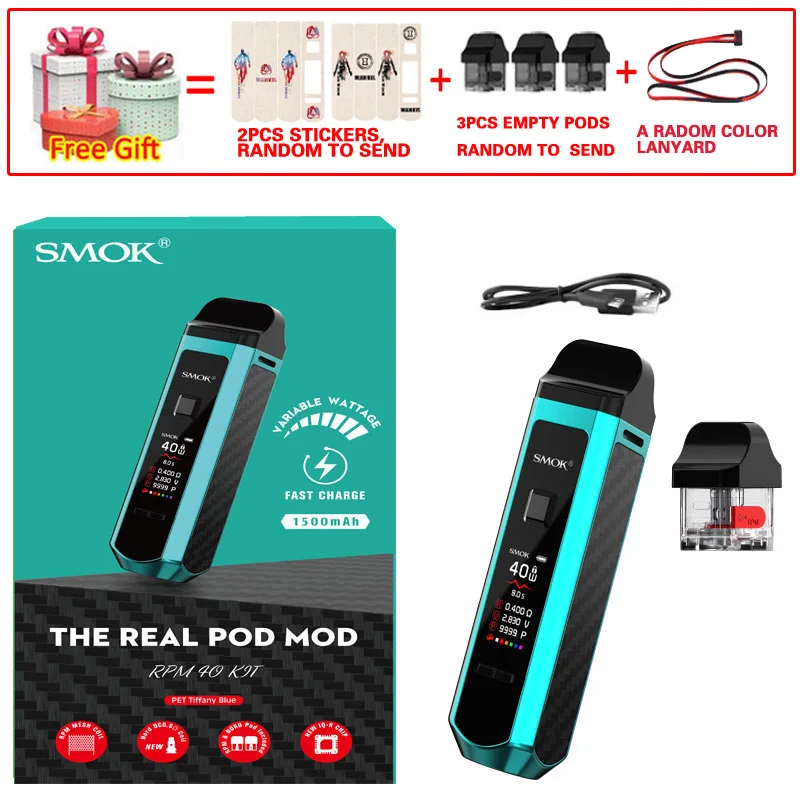 Tiffany Blue Smok портативный Pod Mod 40 Вт набор электронных сигарет SMOK RPM40 Pod Vape 1500 мАч и 4,3 мл об/мин Pod и 4,5 мл об/мин Nord картридж POD Vapor - Цвет: Tiffany Blue