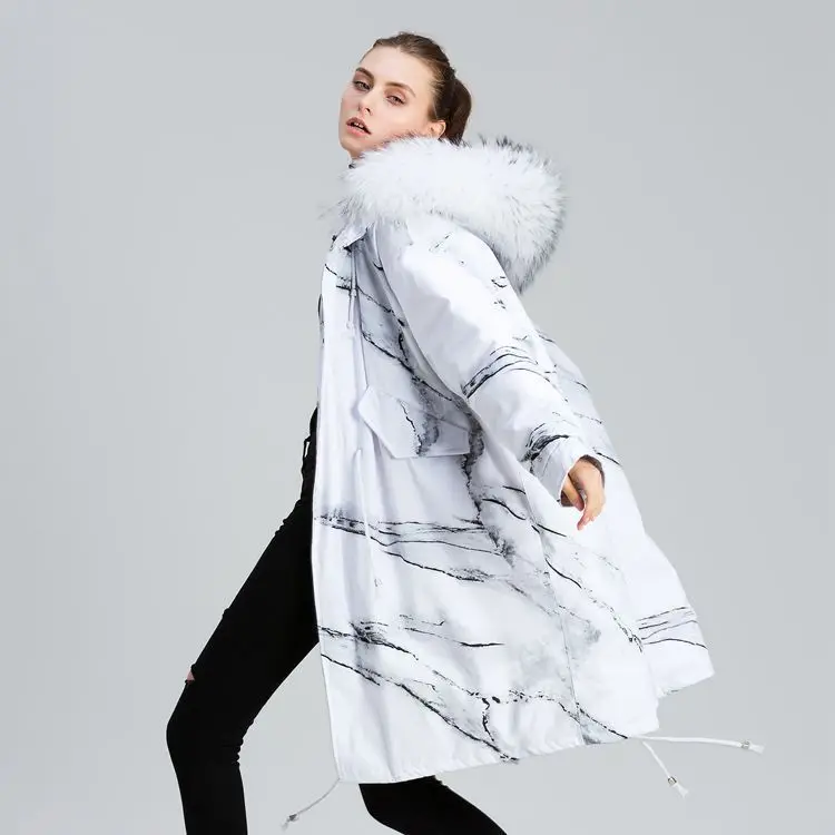 Ink painting design new personality loose raccoon white collars in the long winter coats for women