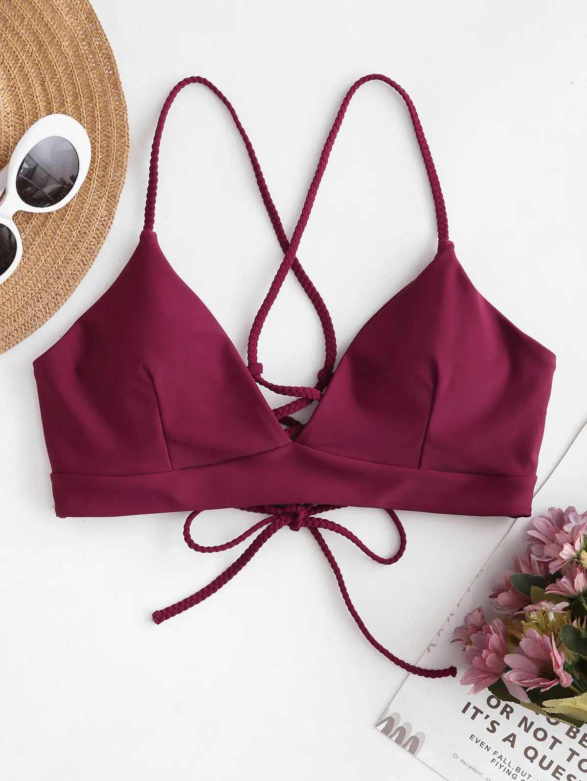 

ZAFUL Rope Strap Lace Up Plain Bikini Top