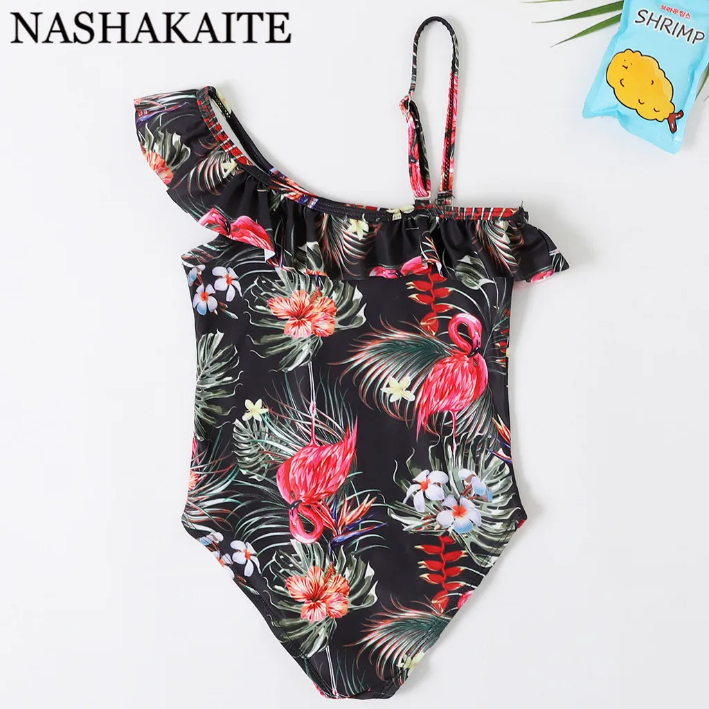 NASHAKAITE купальный костюм для мамы и дочки; Новинка; пляжная одежда на одно плечо с принтом Фламинго; семейный Купальник; купальник для мамы и дочки